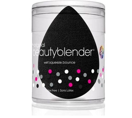 Black beauty blender in a clear container on a white background