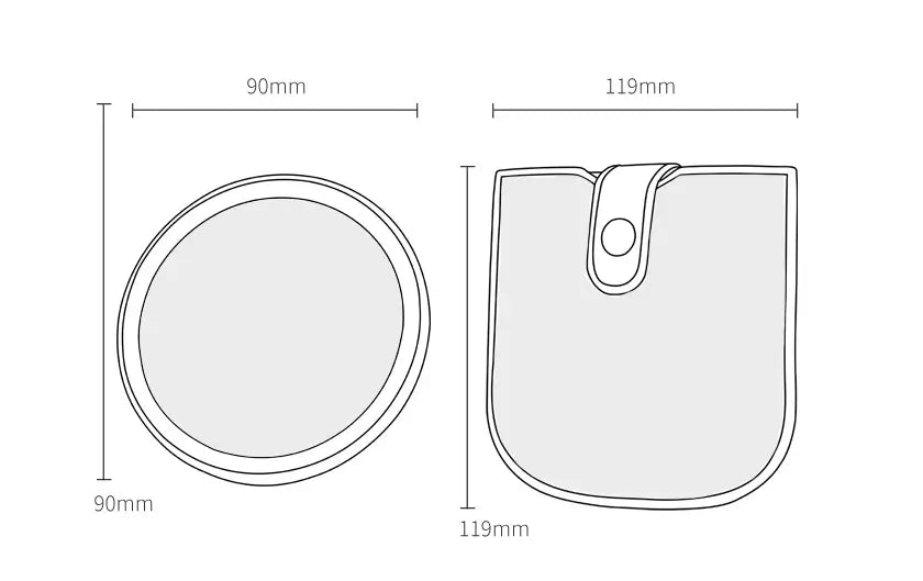 Dimensions of a LED folding makeup mirror and pouch on a white background