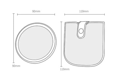 Dimensions of a LED folding makeup mirror and pouch on a white background