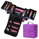Makeup set with various items in a purple case