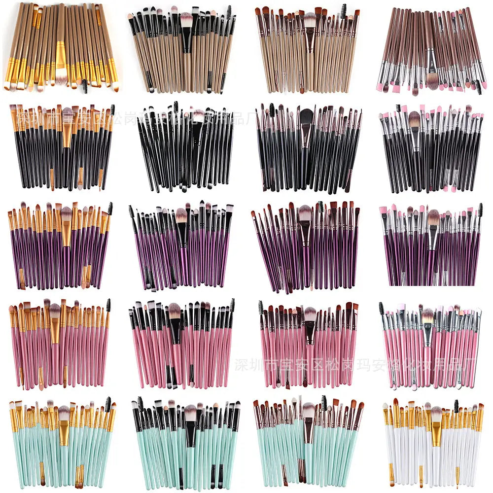 Collection of various makeup brush sets in different colors on a white background.
