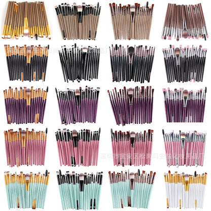 Collection of various makeup brush sets in different colors on a white background.