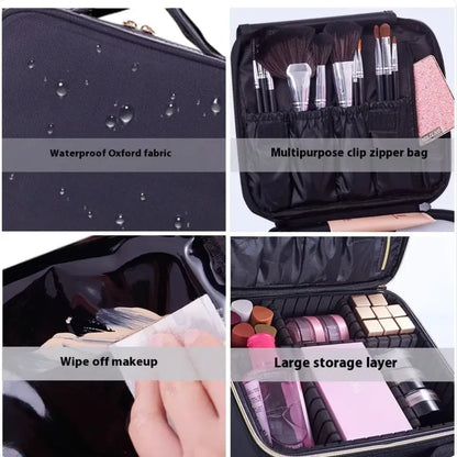 Collage of a makeup organizer with features highlighted, including waterproof fabric, clip zipper bag, wipe off makeup, and large storage layer.