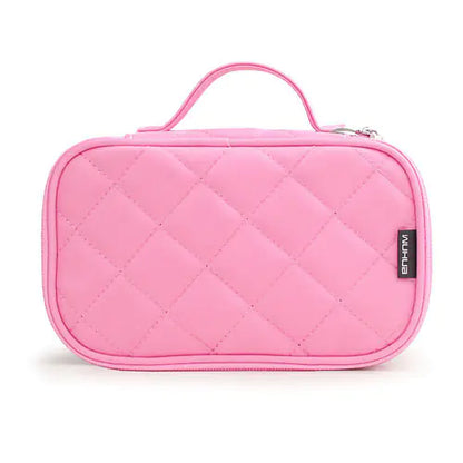 Pink quilted cosmetic bag with a brand logo on a white background