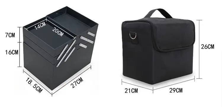 Black rectangular box and bag with dimensions on a white background