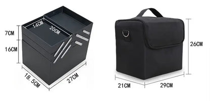 Black rectangular box and bag with dimensions on a white background