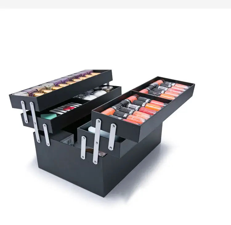 Black makeup organizer with open drawers containing colorful makeup items on a white background
