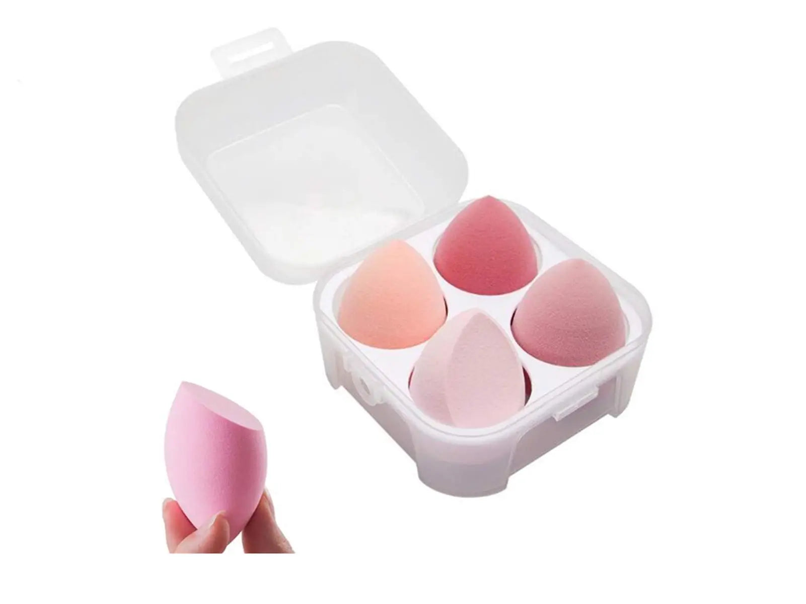 Set of pink makeup sponges in a white case on a white background
