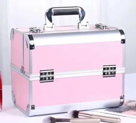 Pink makeup case with silver accents on a white background