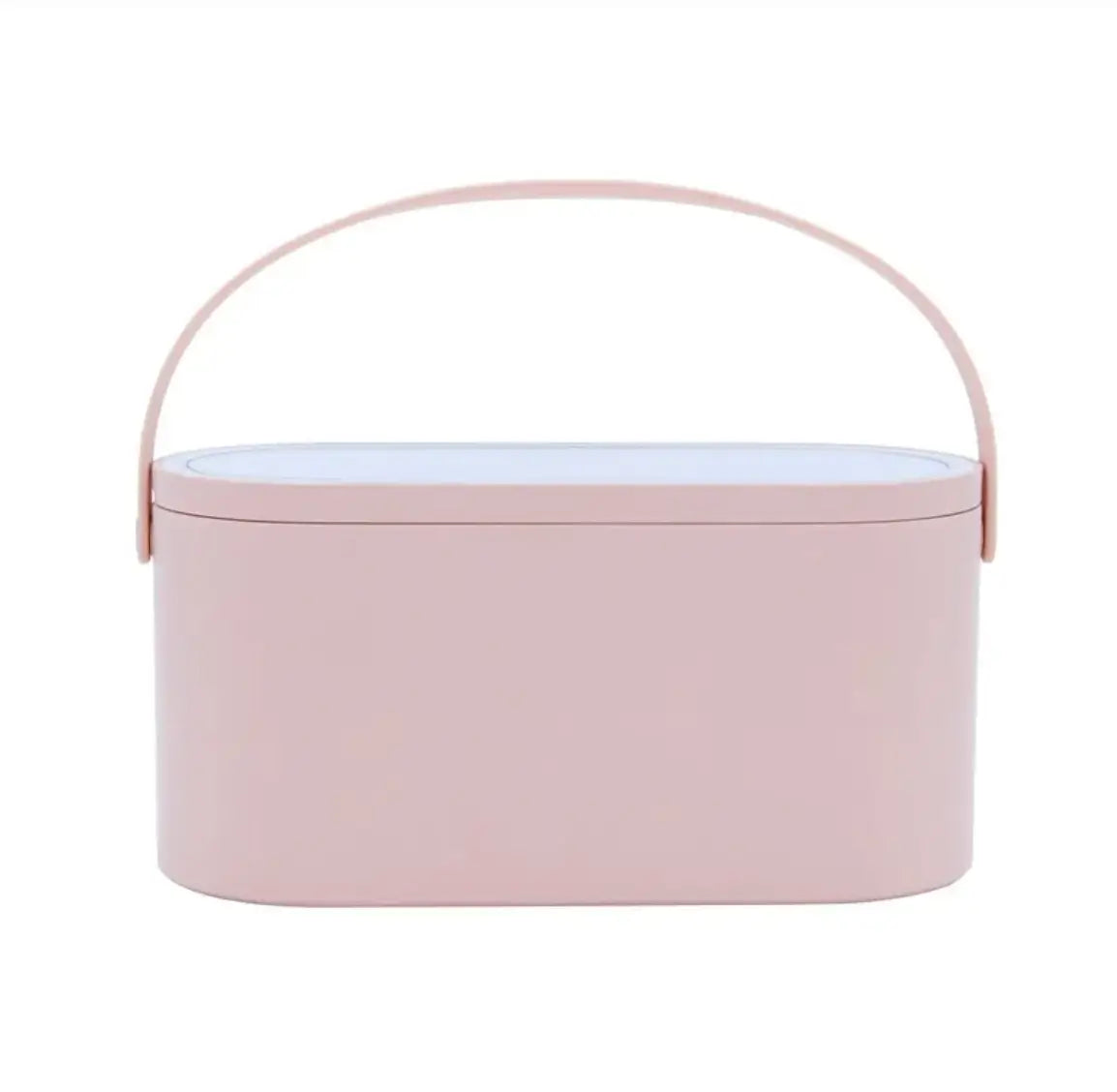 Pink oval container with a handle on a white background
