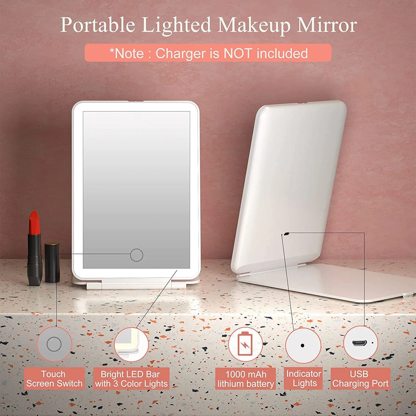 Portable lighted makeup mirror with features highlighted on a pink background