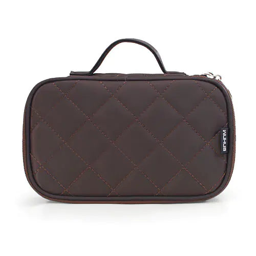 Coffee-colored quilted cosmetic bag on a white background