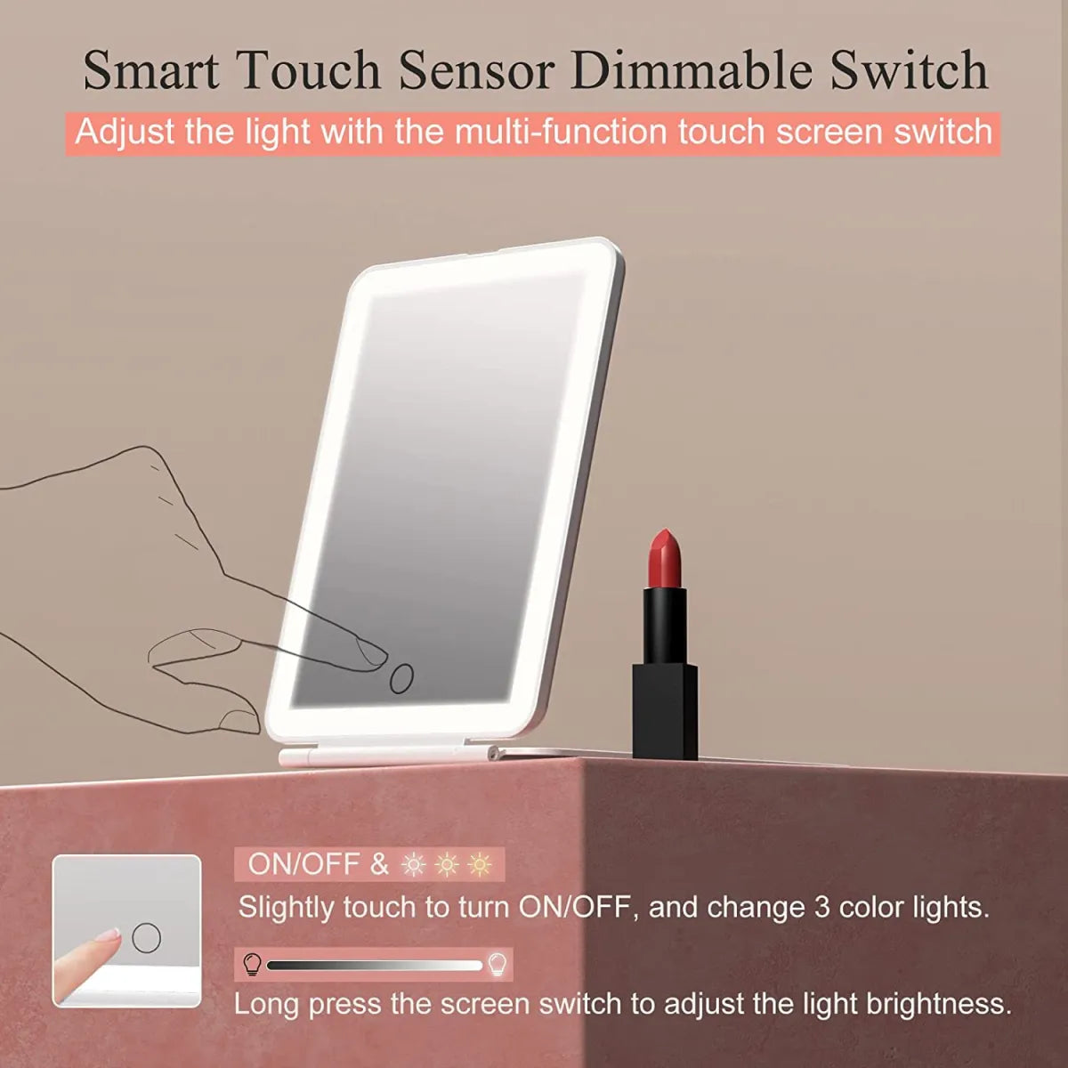 Smart touch sensor dimmable switch with a mirror and lipstick on a beige background