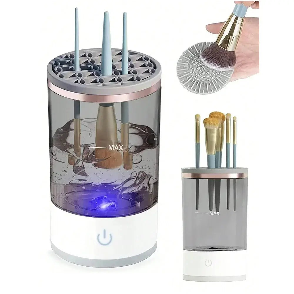 Clear brush holder with blue light and makeup brushes, including a hand holding a brush.