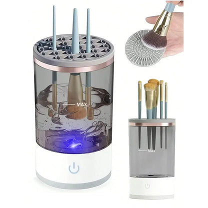 Clear brush holder with blue light and makeup brushes, including a hand holding a brush.