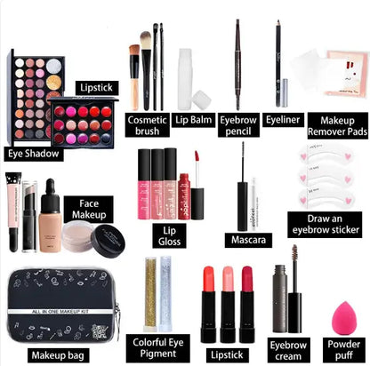 Collection of various makeup items with labels on a white background