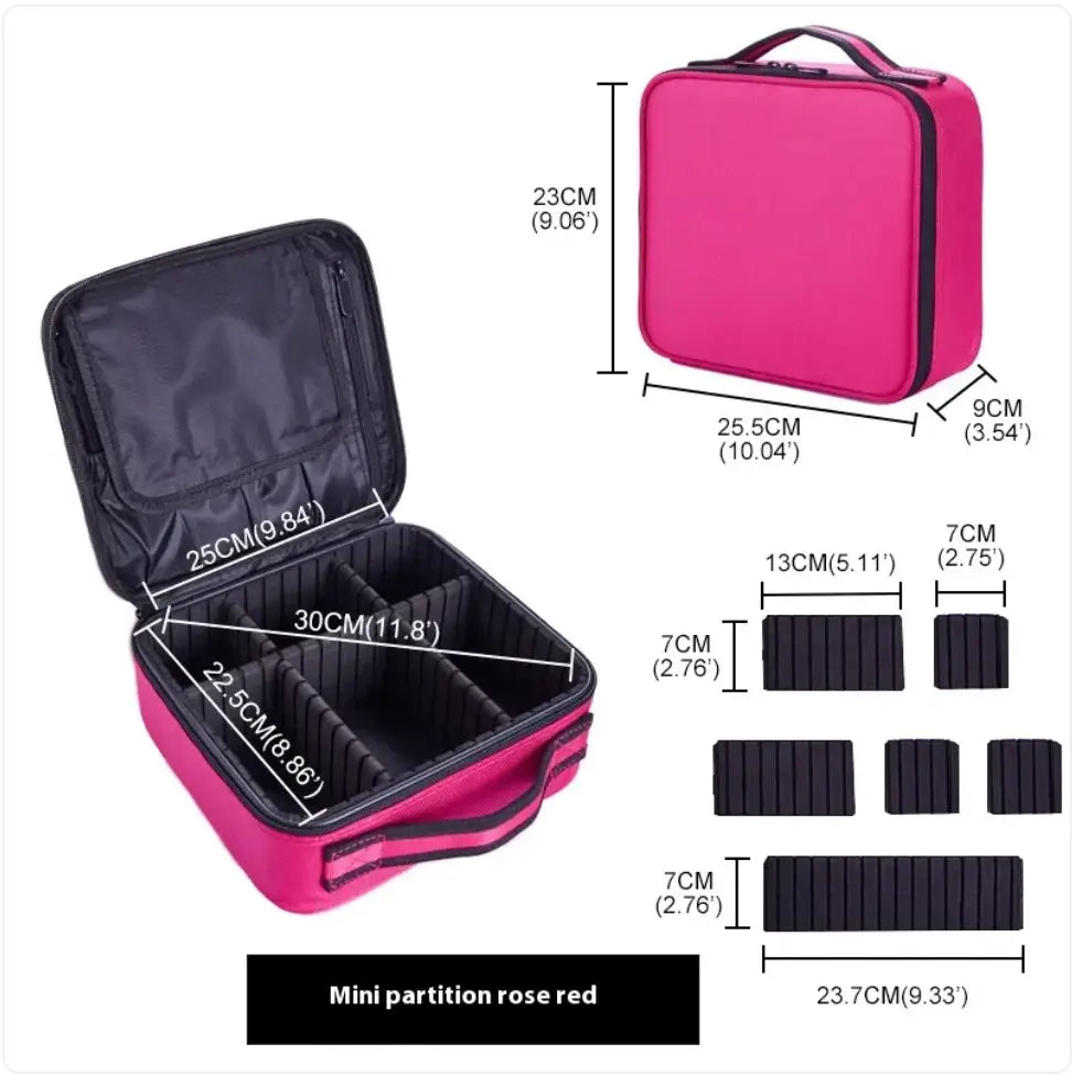 Rose red travel case with open lid showing compartments and dimensions on a white background