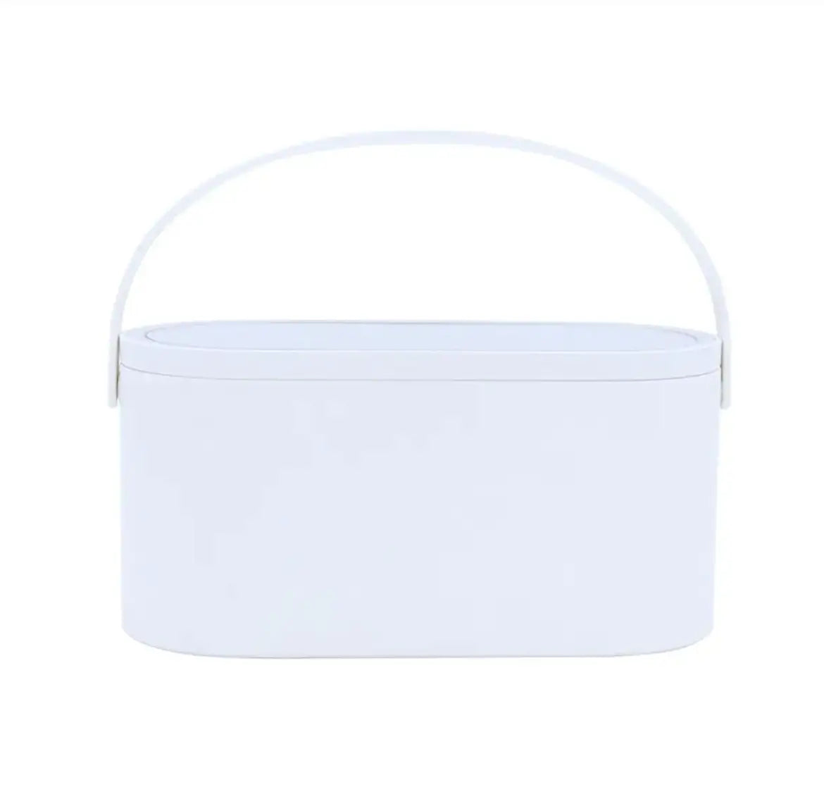 White cylindrical container with a handle on a white background