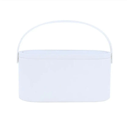 White cylindrical container with a handle on a white background