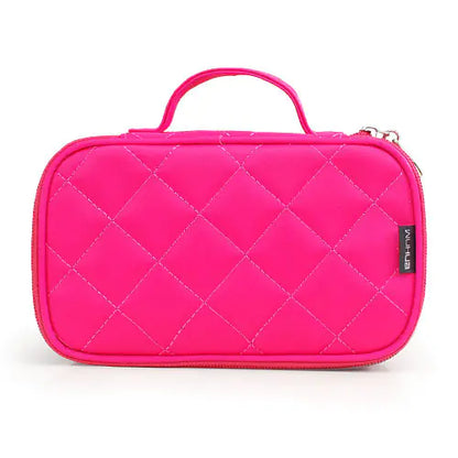 Rose red quilted cosmetic bag with a visible brand label on a white background