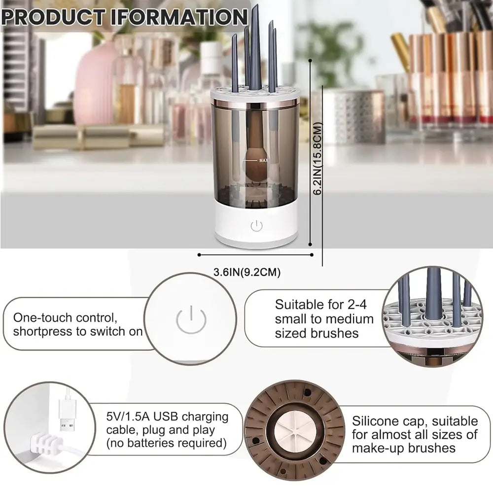 Makeup brush cleaner with dimensions and features on a blurred background