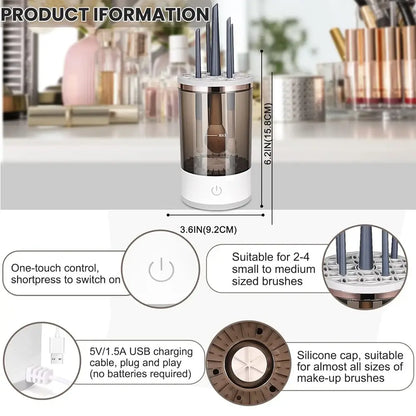 Makeup brush cleaner with dimensions and features on a blurred background