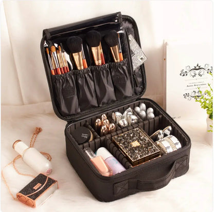 Makeup case with various cosmetic items on a light background