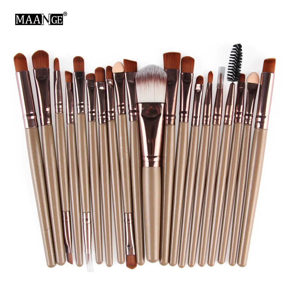 Set of 20 makeup brushes with brown and gold handles on a white background, branded 'MAANGE'.