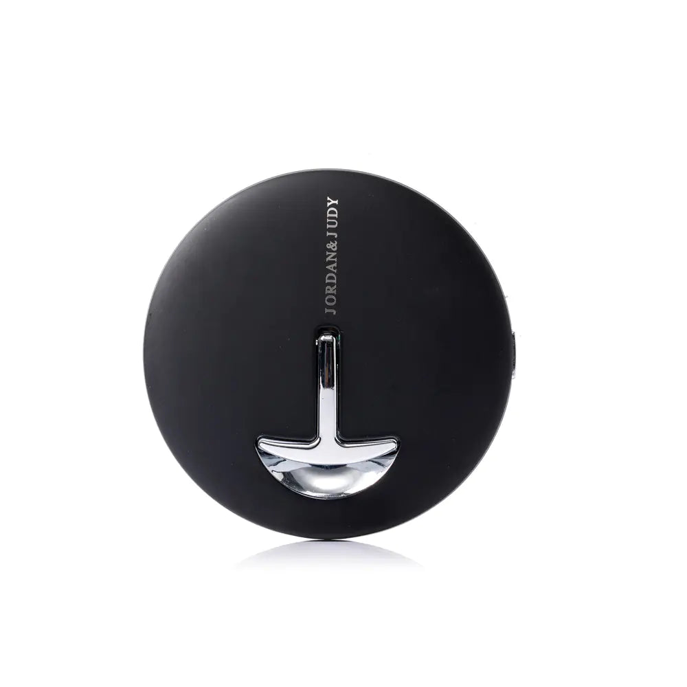 Black LED folding makeup mirror with a silver handle on a white background