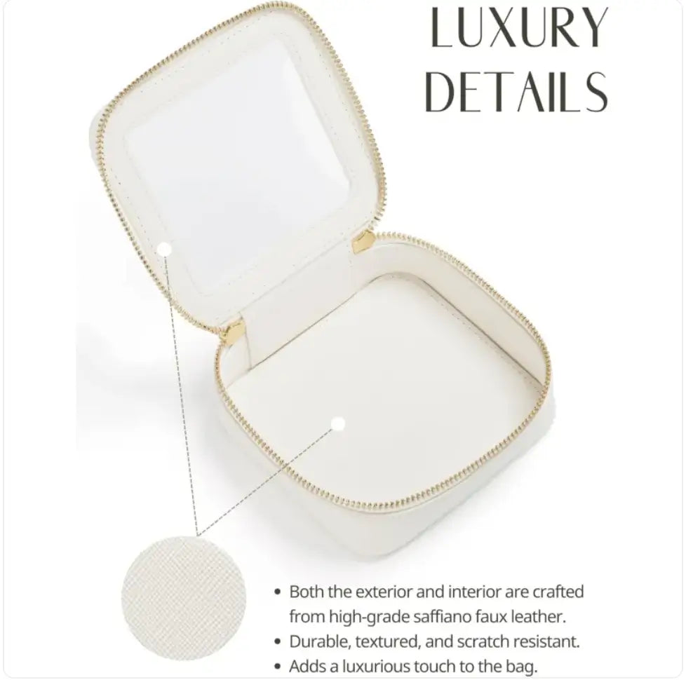 White portable mini organizer bag with gold accents on a white background, featuring text about luxury details.