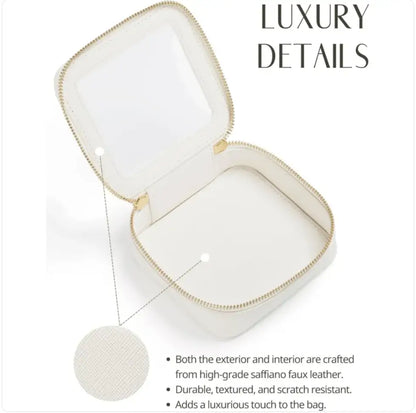 White portable mini organizer bag with gold accents on a white background, featuring text about luxury details.