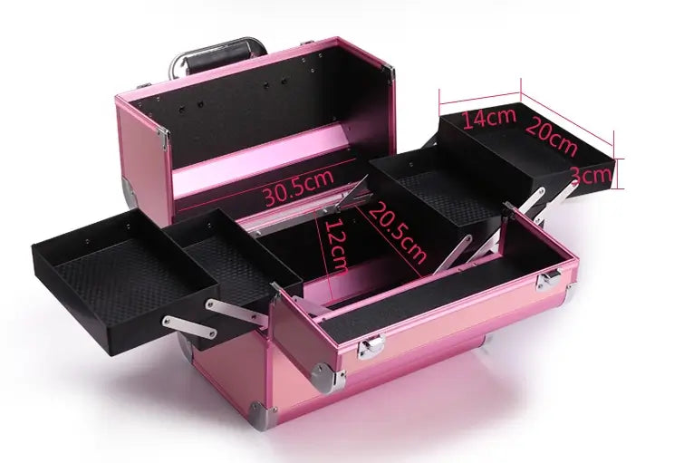 Pink and black makeup case with open compartments and measurements on a white background