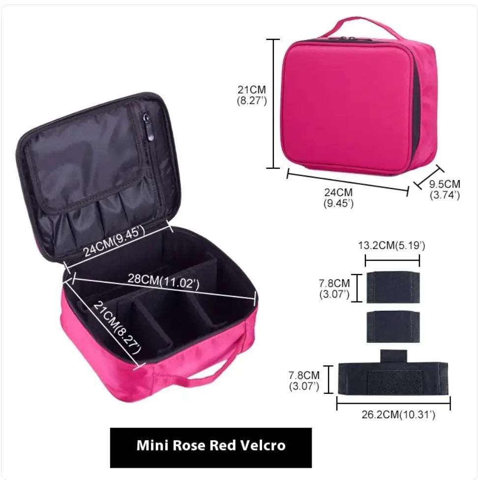 Mini rose red velcro travel organizer with open compartment and dimensions on a white background