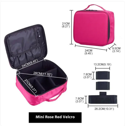 Mini rose red velcro travel organizer with open compartment and dimensions on a white background