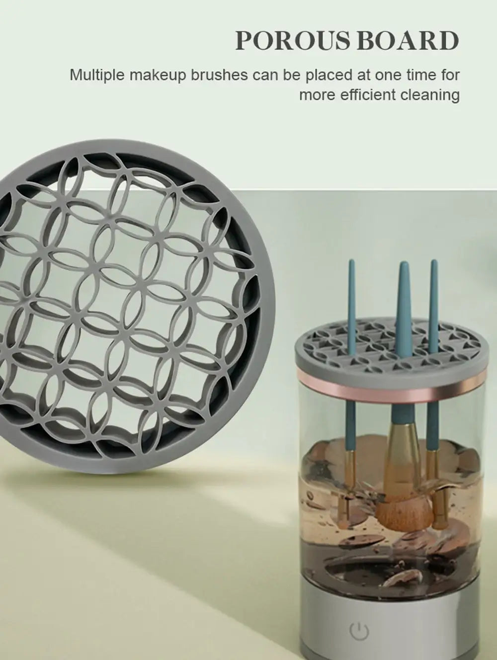 Makeup brush cleaning device with porous board and brushes inside a container.