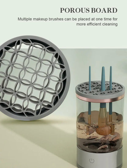 Makeup brush cleaning device with porous board and brushes inside a container.