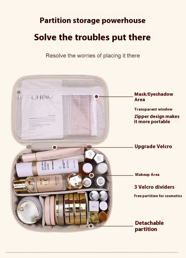 Cosmetic organizer with labeled compartments and text highlighting features