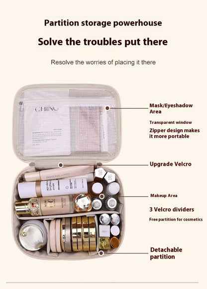 Cosmetic organizer with labeled compartments and text highlighting features