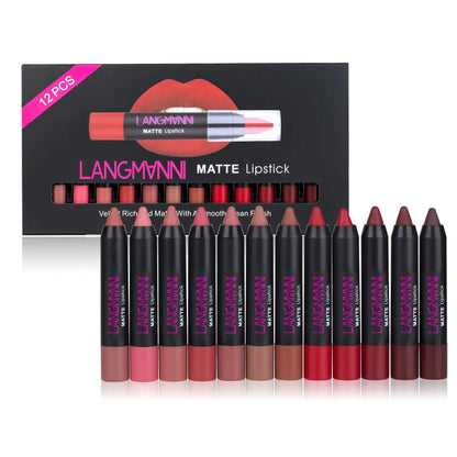 Set of LANGMANN matte lipsticks with packaging on a white background