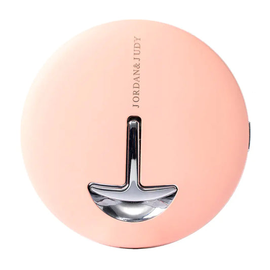 Pink and silver LED folding makeup mirror with 'Jordan & Judy' branding on a white background