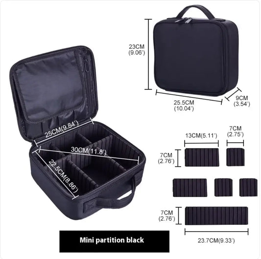Black travel case with open compartments and dimensions labeled on a white background