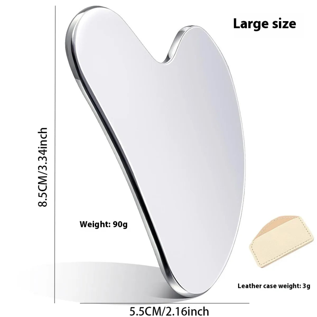 Heart-shaped gua sha tool with dimensions and weight information on a white background