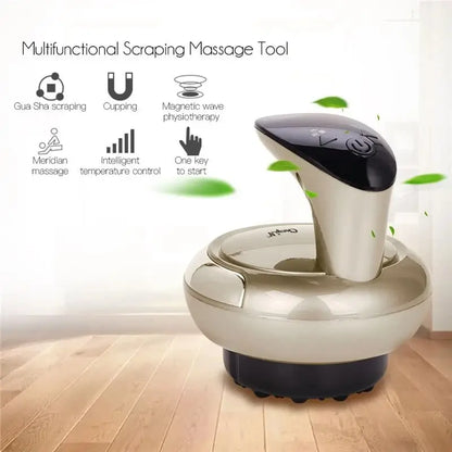 Multifunctional scraping massage tool on a wooden floor with features listed.
