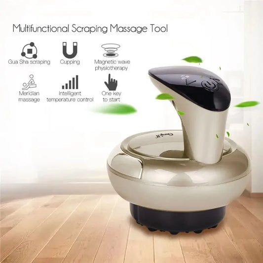 Multifunctional scraping massage tool on a wooden floor with features listed.