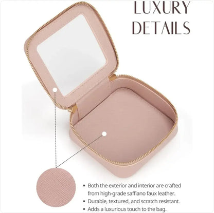 Pink portable mini organizer bag and text highlighting luxury details on a white background