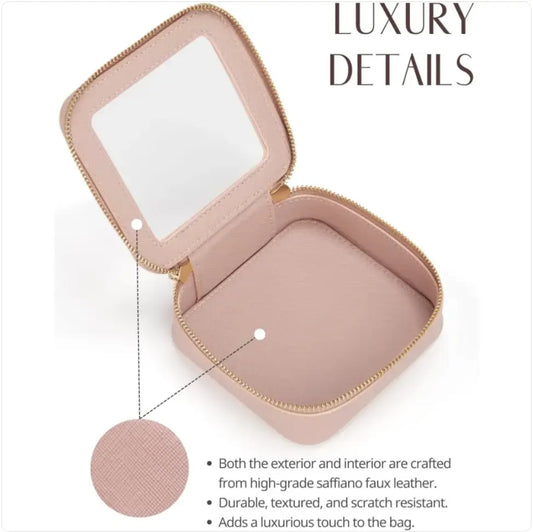 Pink portable mini organizer bag and text highlighting luxury details on a white background