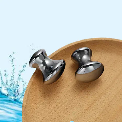 Silver mushroom heads on a wooden surface with water splash graphics