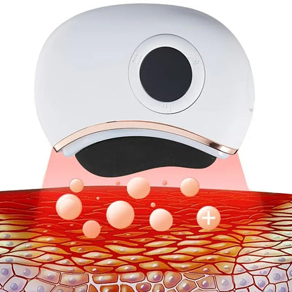 Cosmetic gua sha device with a close-up of skin layers underneath on a white background