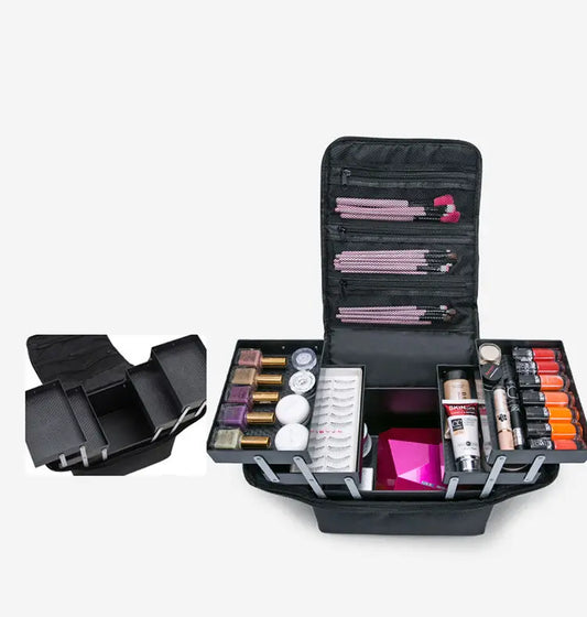 Makeup organizer with various cosmetic items on a white background