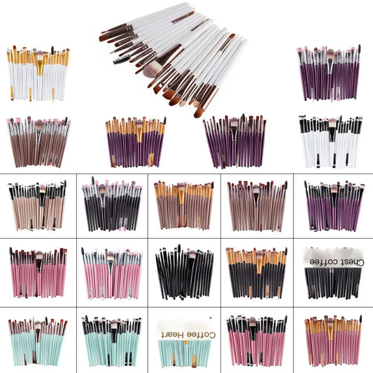Collection of various makeup brushes in different colors and sets on a white background